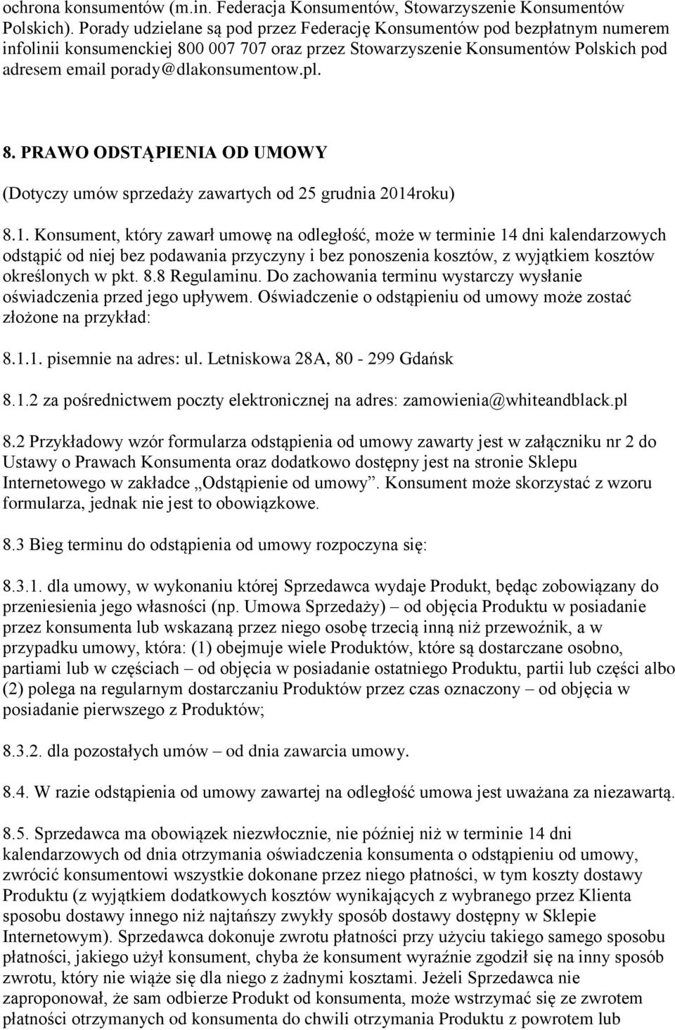 pl. 8. PRAWO ODSTĄPIENIA OD UMOWY (Dotyczy umów sprzedaży zawartych od 25 grudnia 2014