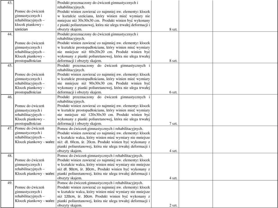 Produkt winien być wykonany z pianki poliuretanowej, która nie ulega trwałej deformacji i obszyty skajem. 8 szt. Produkt przeznaczony do ćwiczeń rehabilitacyjnych.