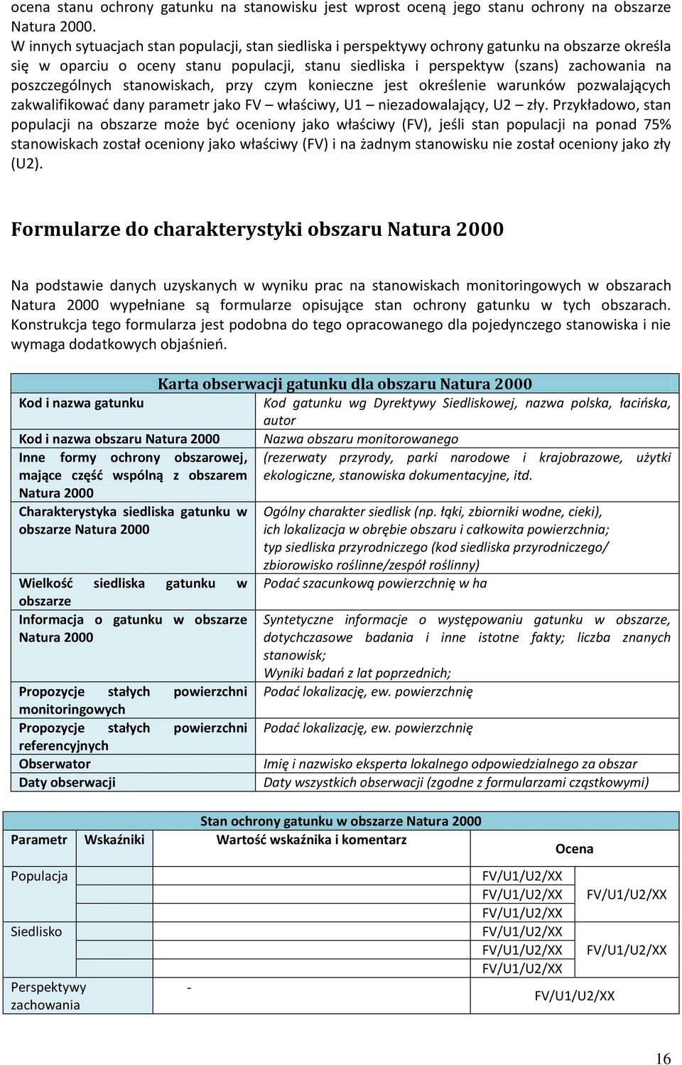 poszczególnych stanowiskach, przy czym konieczne jest określenie warunków pozwalających zakwalifikować dany parametr jako FV właściwy, U1 niezadowalający, U2 zły.