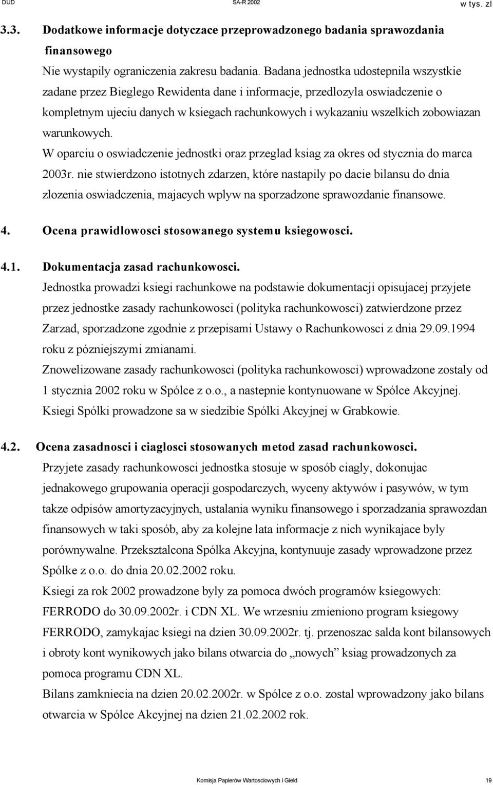 warunkowych. W oparciu o oswiadczenie jednostki oraz przeglad ksiag za okres od stycznia do marca 2003r.