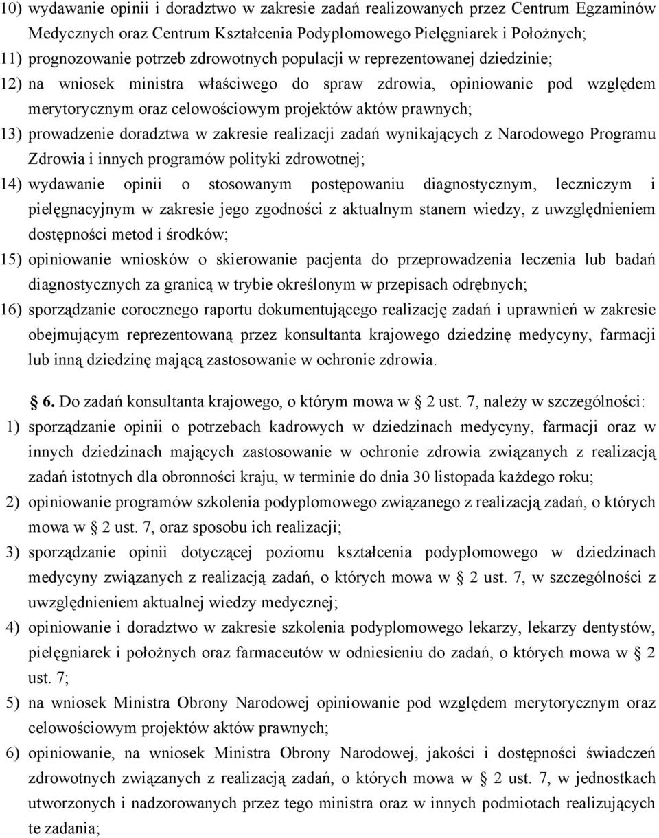 prowadzenie doradztwa w zakresie realizacji zadań wynikających z Narodowego Programu Zdrowia i innych programów polityki zdrowotnej; 14) wydawanie opinii o stosowanym postępowaniu diagnostycznym,