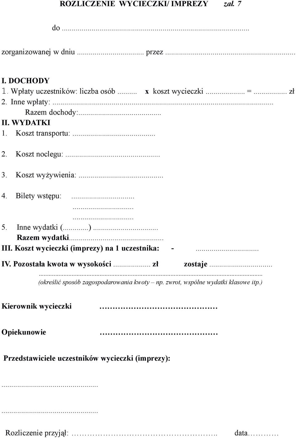 ..)... Razem wydatki... III. Koszt wycieczki (imprezy) na 1 uczestnika: -... IV. Pozostała kwota w wysokości... zł zostaje.