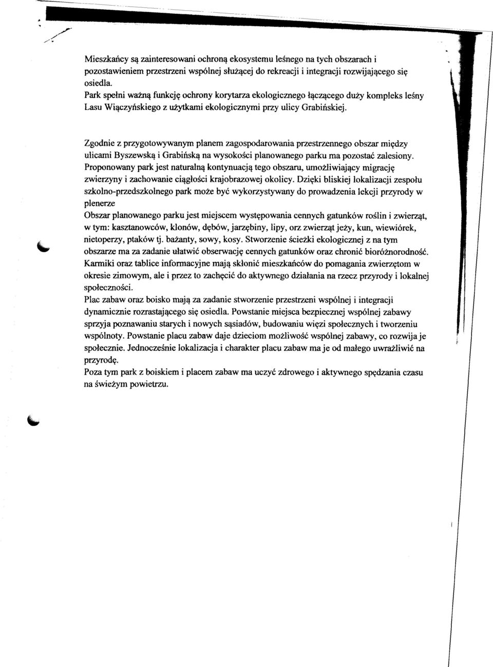 C Zgodnie z pnygotowywanym planem zagospodarowania przestrzennego obszar migdzy ulicami Byszewskq i Grabibskq na wysokoki planowanego parku ma pozosta6 zalesiony.