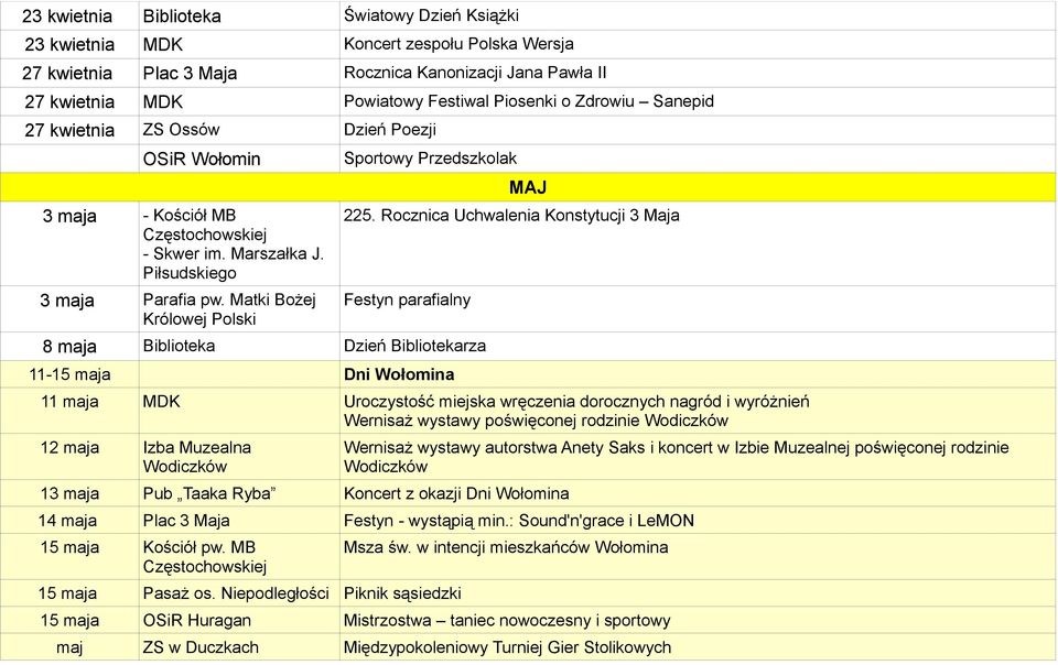 Rocznica Uchwalenia Konstytucji 3 Maja Festyn parafialny 8 maja Biblioteka Dzień Bibliotekarza 11-15 maja Dni Wołomina 11 maja MDK Uroczystość miejska wręczenia dorocznych nagród i wyróżnień Wernisaż