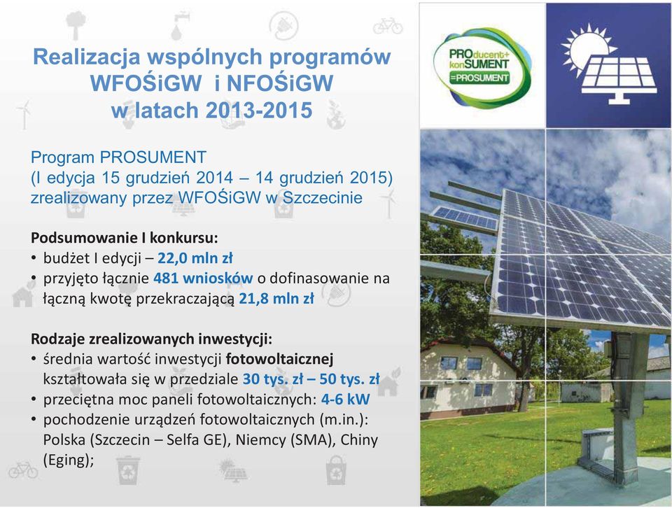 przekraczającą 21,8 mln zł Rodzaje zrealizowanych inwestycji: średnia wartość inwestycji fotowoltaicznej kształtowała się w przedziale 30 tys.