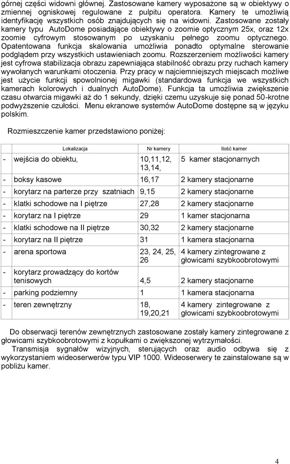 Zastosowane zostały kamery typu AutoDome posiadające obiektywy o zoomie optycznym 25x, oraz 12x zoomie cyfrowym stosowanym po uzyskaniu pełnego zoomu optycznego.