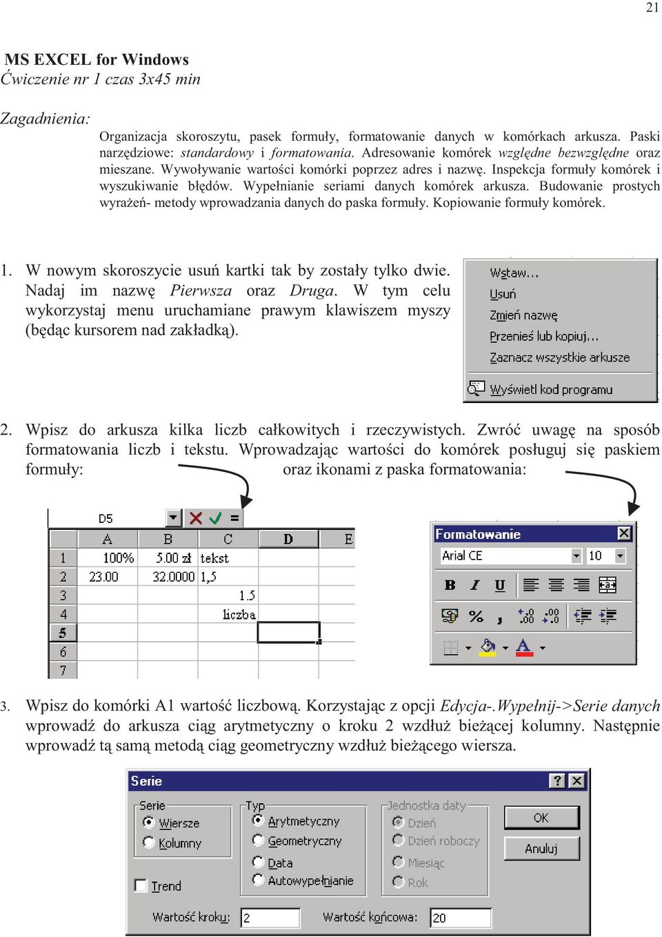 Budowanie prostych wyrażeń- metody wprowadzania danych do paska formuły. Kopiowanie formuły komórek. 1. W nowym skoroszycie usuń kartki tak by zostały tylko dwie. Nadaj im nazwę Pierwsza oraz Druga.