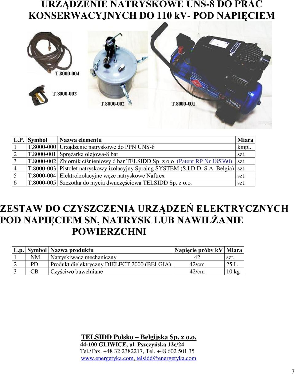 Belgia) szt. 5 T.8000-004 Elektroizolacyjne węże natryskowe Naftrex szt. 6 T.8000-005 Szczotka do mycia dwuczęściowa TELSIDD Sp. z o.o. szt. ZESTAW DO CZYSZCZENIA URZĄDZEŃ ELEKTRYCZNYCH POD NAPIĘCIEM SN, NATRYSK LUB NAWILŻANIE POWIERZCHNI L.