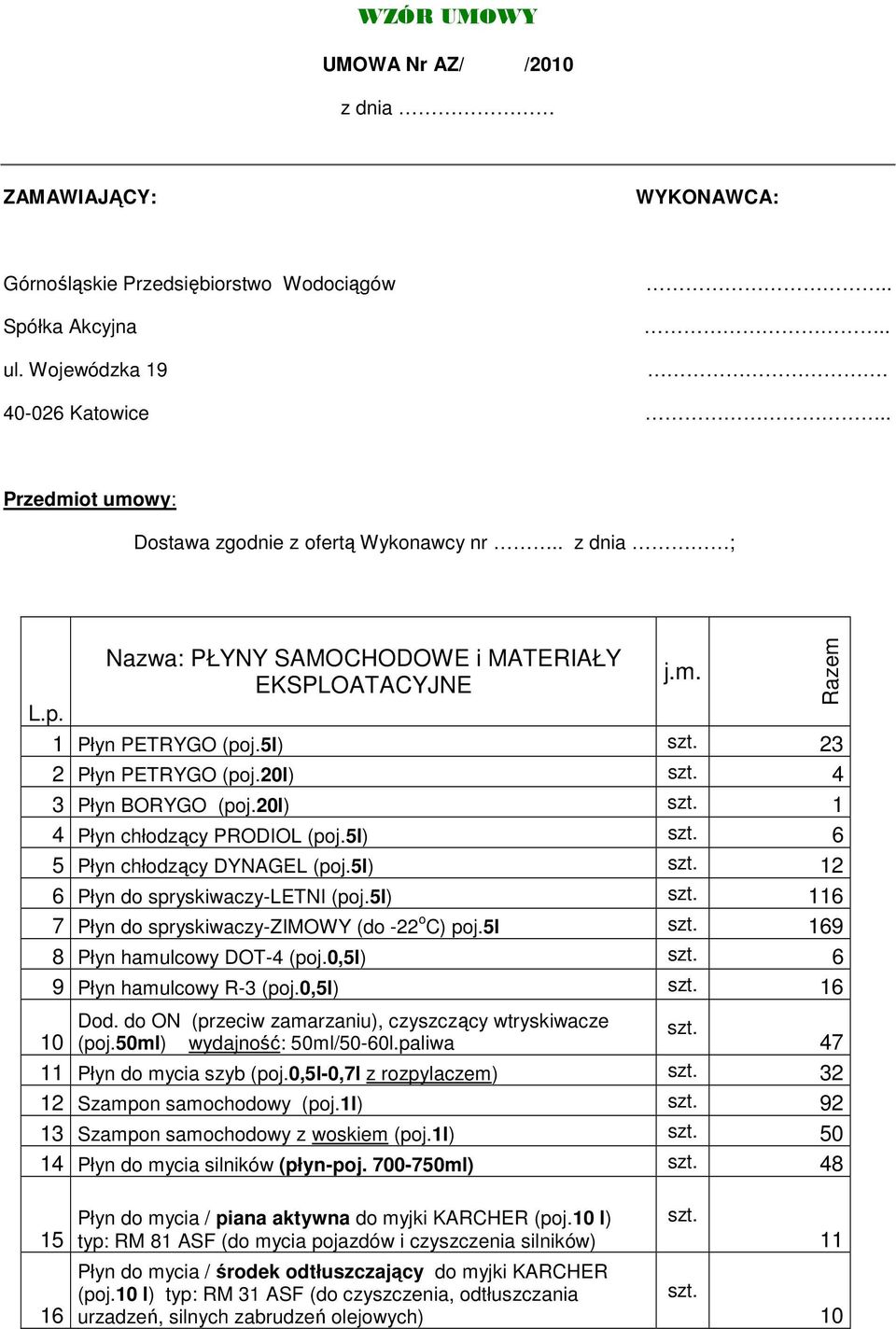 0l) 1 4 Płyn chłodzący PRODIOL (poj.5l) 6 5 Płyn chłodzący DYNAGEL (poj.5l) 1 6 Płyn do spryskiwaczy-letni (poj.5l) 116 7 Płyn do spryskiwaczy-zimowy (do - o C) poj.5l 169 8 Płyn hamulcowy DOT-4 (poj.