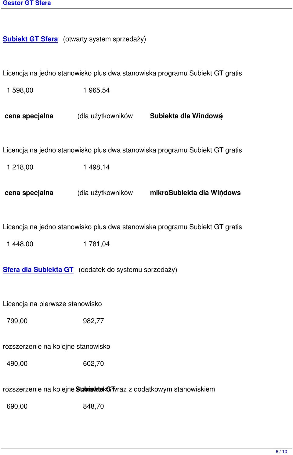 Windows ) Licencja na jedno stanowisko plus dwa stanowiska programu Subiekt GT gratis 1 448,00 1 781,04 Sfera dla Subiekta GT (dodatek do systemu sprzedaży) Licencja na