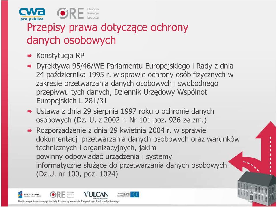 dnia 29 sierpnia 1997 roku o ochronie danych osobowych (Dz. U. z 2002 r. Nr 101 poz. 926 ze zm.) Rozporządzenie z dnia 29 kwietnia 2004 r.