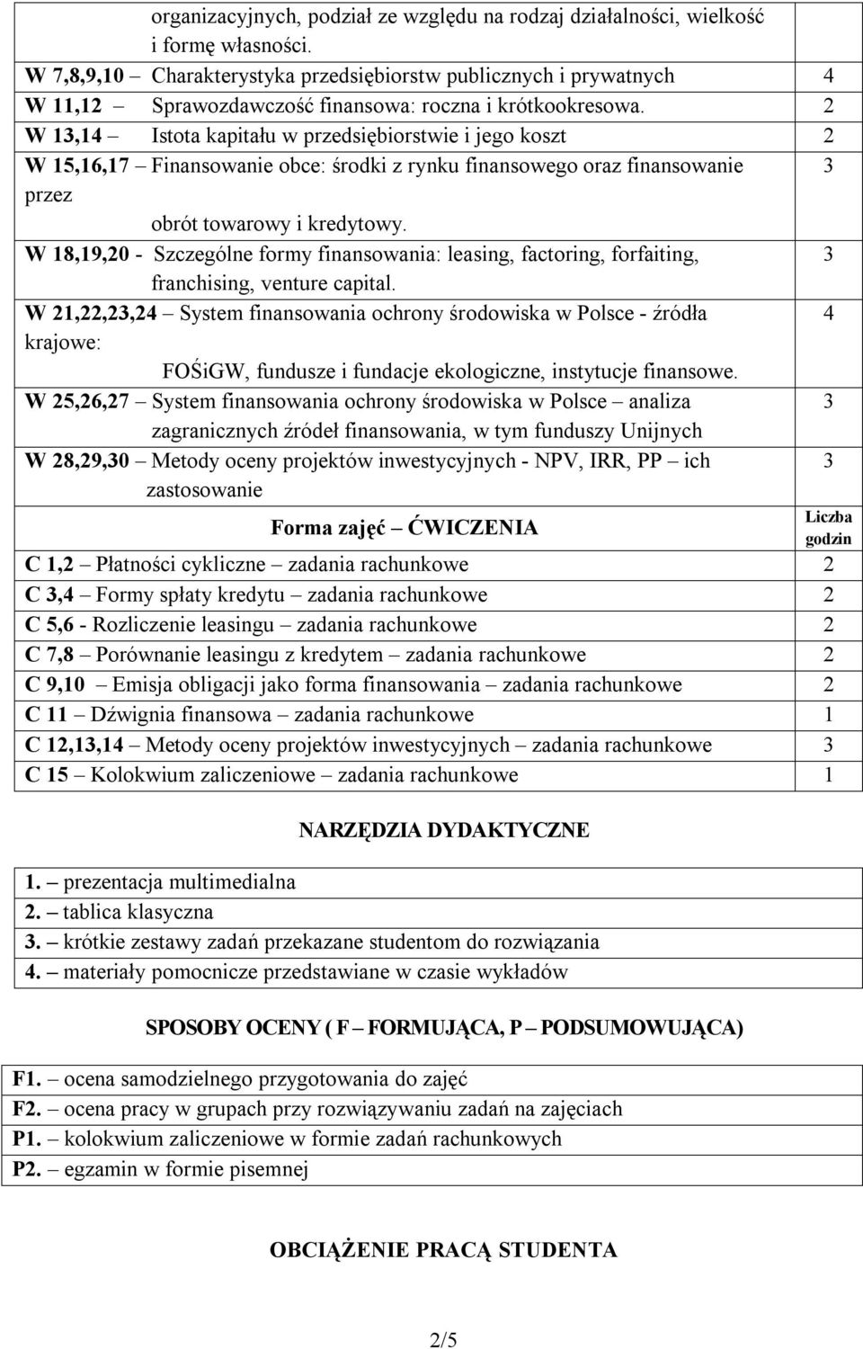 2 W 1,14 Istota kapitału w przedsiębiorstwie i jego koszt 2 W 15,16,17 Finansowanie obce: środki z rynku finansowego oraz finansowanie przez obrót towarowy i kredytowy.