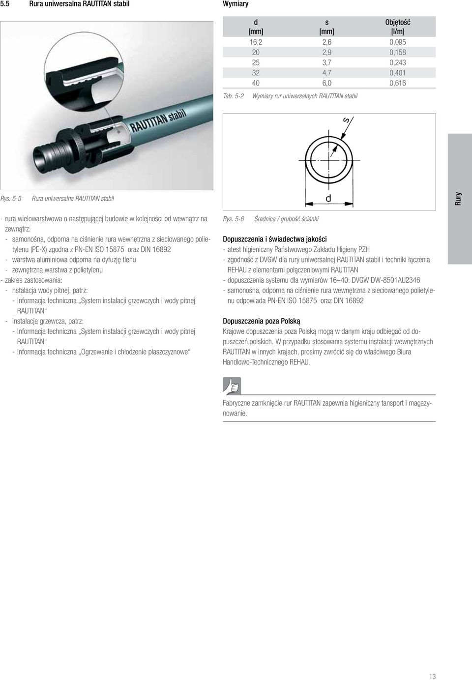 (PE-X) zgodna z PN-EN ISO 15875 oraz DIN 16892 warstwa aluminiowa odporna na dyfuzję tlenu zewnętrzna warstwa z polietylenu zakres zastosowania: nstalacja wody pitnej, patrz: Informacja techniczna
