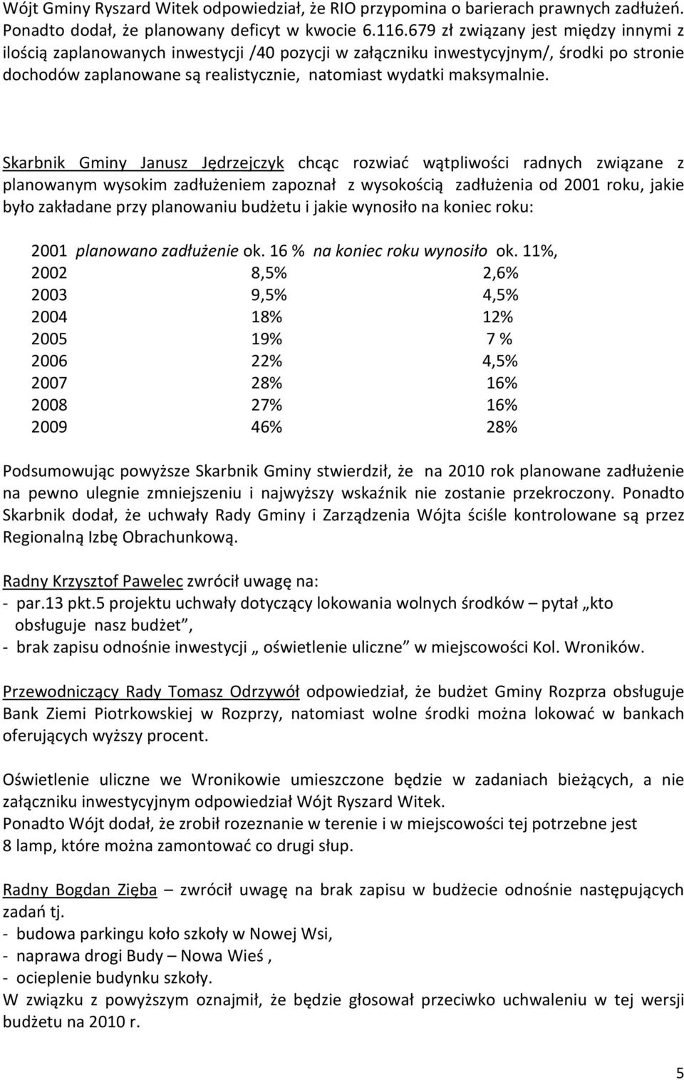 Skarbnik Gminy Janusz Jędrzejczyk chcąc rozwiać wątpliwości radnych związane z planowanym wysokim zadłużeniem zapoznał z wysokością zadłużenia od 2001 roku, jakie było zakładane przy planowaniu