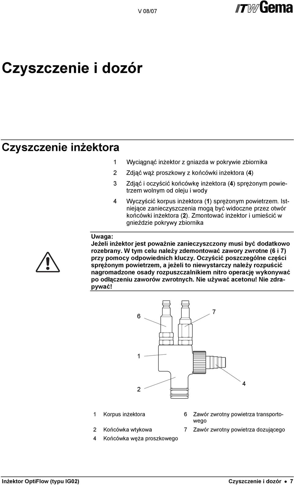 Zmontować inżektor i umieścić w gnieździe pokrywy zbiornika Uwaga: Jeżeli inżektor jest poważnie zanieczyszczony musi być dodatkowo rozebrany.