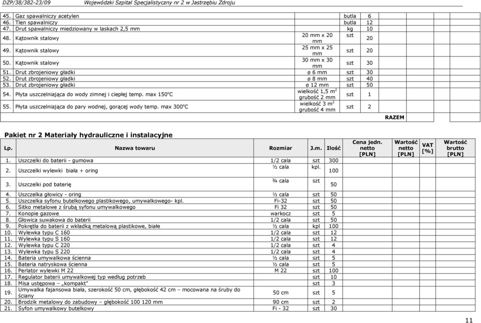 Drut zbrojeniowy gładki ø 6 mm szt 30 52. Drut zbrojeniowy gładki ø 8 mm szt 40 53. Drut zbrojeniowy gładki ø 12 mm szt 50 54. Płyta uszczelniająca do wody zimnej i ciepłej temp.