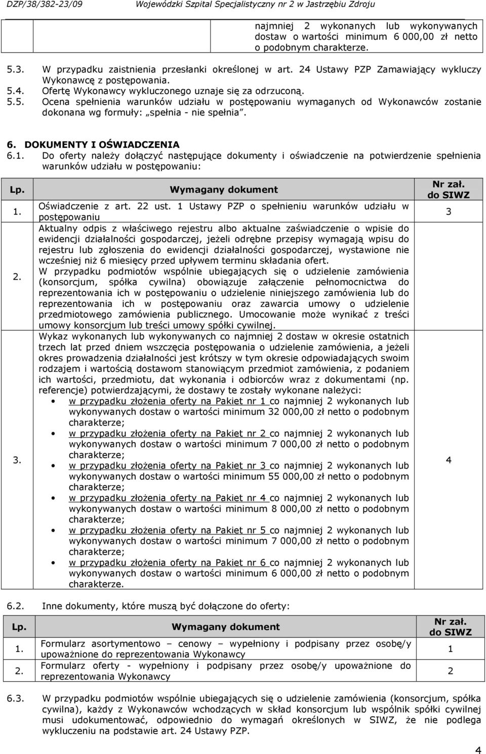 6. DOKUMENTY I OŚWIADCZENIA 6.1. Do oferty naleŝy dołączyć następujące dokumenty i oświadczenie na potwierdzenie spełnienia warunków udziału w postępowaniu: Lp. 1. 2. 3.