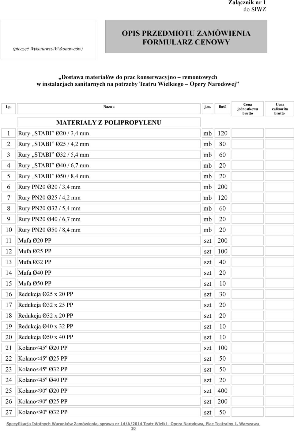 Ilość MATERIAŁY Z POLIPROPYLENU 1 Rury STABI Ø20 / 3,4 mm mb 120 2 Rury STABI Ø25 / 4,2 mm mb 80 3 Rury STABI Ø32 / 5,4 mm mb 60 4 Rury STABI Ø40 / 6,7 mm mb 20 5 Rury STABI Ø50 / 8,4 mm mb 20 6 Rury