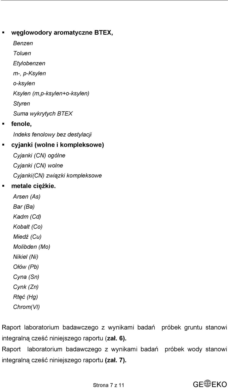 Arsen (As) Bar (Ba) Kadm (Cd) Kobalt (Co) Miedź (Cu) Molibden (Mo) Nikiel (Ni) Ołów (Pb) Cyna (Sn) Cynk (Zn) Rtęć (Hg) Chrom(VI) Raport laboratorium badawczego z