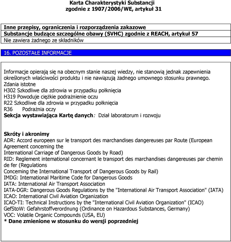 Zdania istotne H302 Szkodliwe dla zdrowia w przypadku połknięcia H319 Powoduje ciężkie podrażnienie oczu R22 Szkodliwe dla zdrowia w przypadku połknięcia R36 Podrażnia oczy Sekcja wystawiająca Kartę