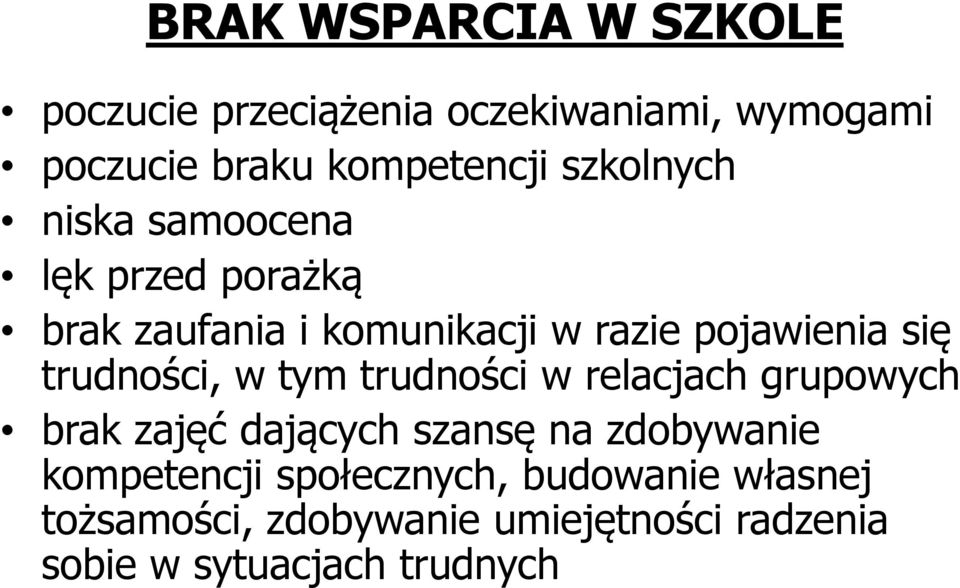 trudności, w tym trudności w relacjach grupowych brak zajęć dających szansę na zdobywanie