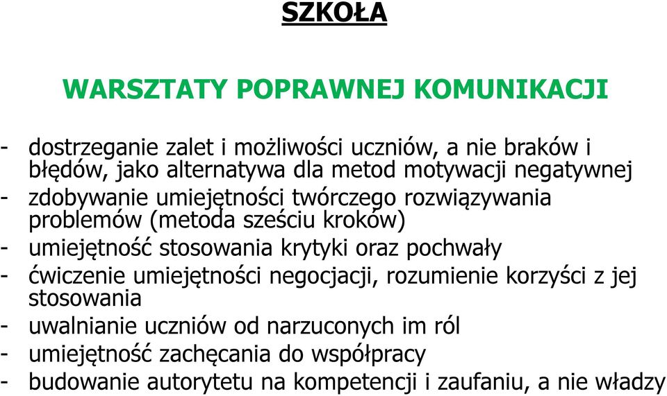 stosowania krytyki oraz pochwały - ćwiczenie umiejętności negocjacji, rozumienie korzyści z jej stosowania - uwalnianie