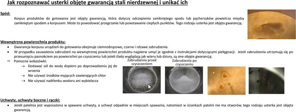 Wewnętrzna powierzchnia produktu: Gwarancja korpusu urządzeń do gotowania obejmuje ciemnobrązowe, czarne i rdzawe zabrudzenia.