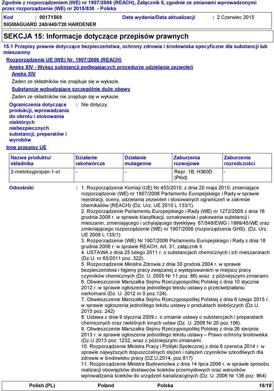 1907/2006 (REACH) Aneks XIV - Wykaz substancji podlegających procedurze udzielania zezwoleń Aneks XIV Żaden ze składników nie znajduje się w wykazie.