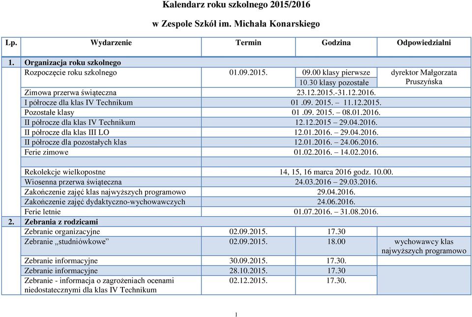 01.2016. II półrocze dla klas IV Technikum 12.12.2015 29.04.2016. II półrocze dla klas III LO 12.01.2016. 29.04.2016. II półrocze dla pozostałych klas 12.01.2016. 24.06.2016. Ferie zimowe 01.02.2016. 14.