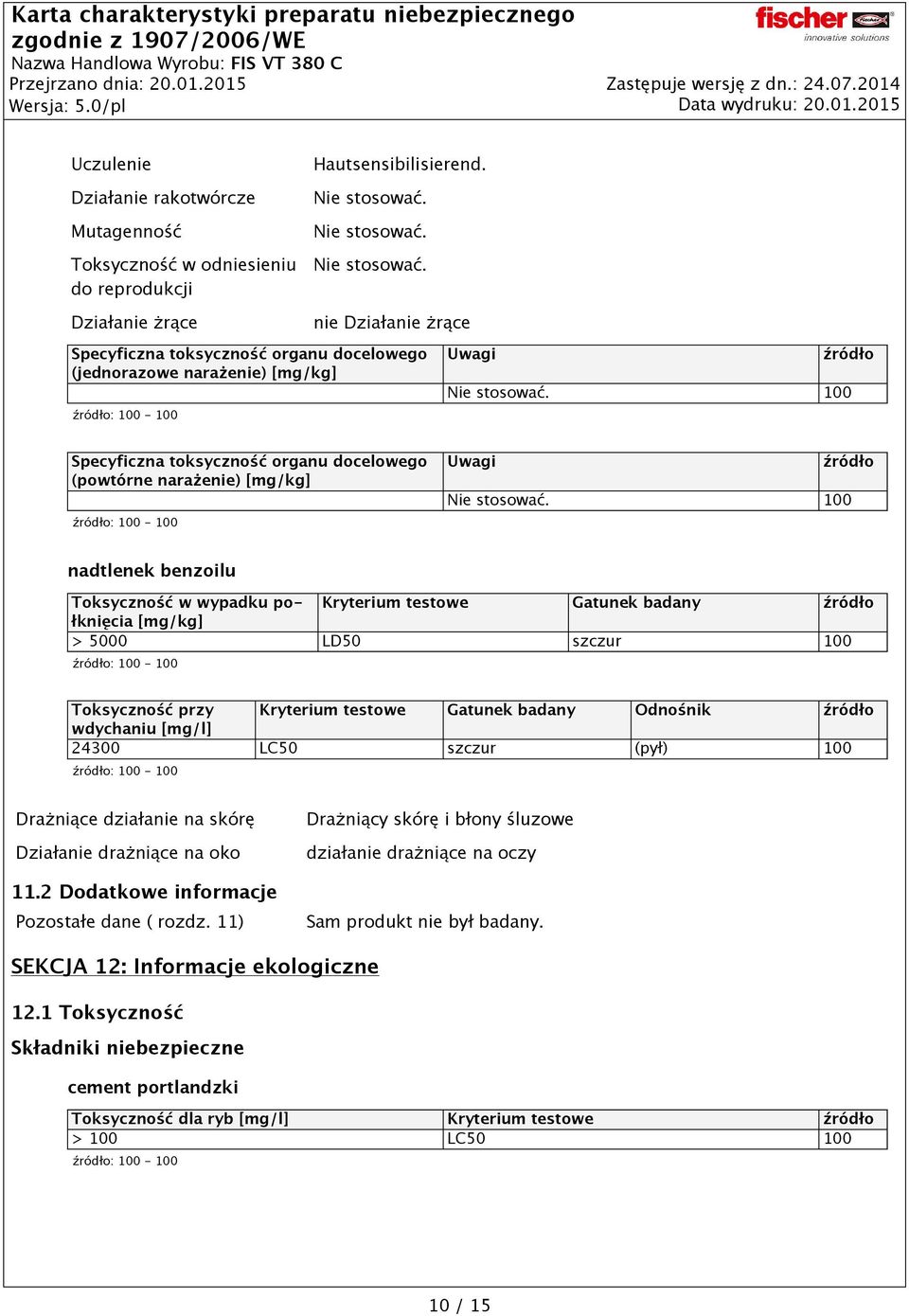 benzoilu Toksyczność w wypadku połknięcia Kryterium testowe Gatunek badany [mg/kg] > 5000 LD50 szczur 100 Toksyczność przy Kryterium testowe Gatunek badany Odnośnik wdychaniu [mg/l] 24300 LC50 szczur
