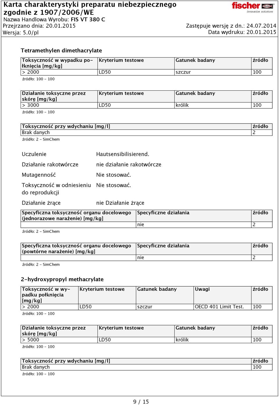 nie działanie rakotwórcze nie Działanie żrące Specyficzna toksyczność organu docelowego (jednorazowe narażenie) [mg/kg] : 2 - SimChem Specyficzne działania nie 2 Specyficzna toksyczność organu