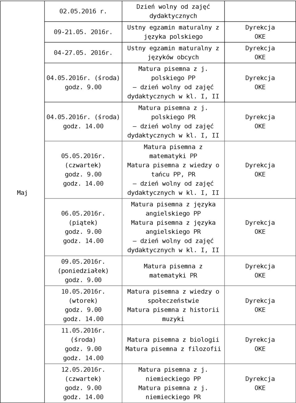 (wtorek) 11. (środa) 12.