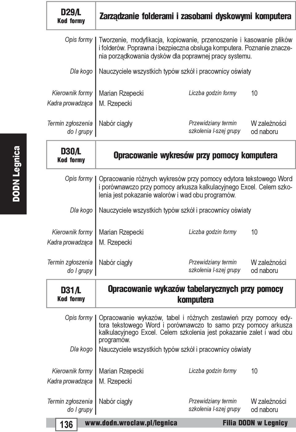 Rzepecki D30/L Opracowanie wykresów przy pomocy komputera Opracowanie różnych wykresów przy pomocy edytora tekstowego Word i porównawczo przy pomocy arkusza kalkulacyjnego Excel.