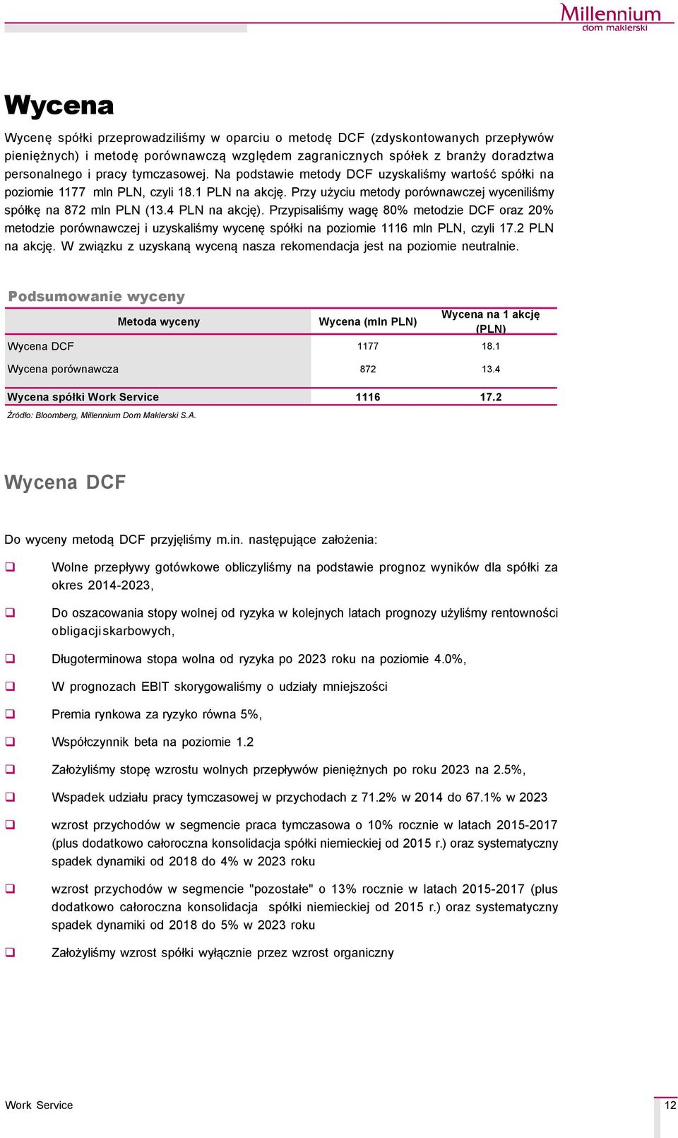 4 PLN na akcję). Przypisaliśmy wagę 80% metodzie DCF oraz 20% metodzie porçwnawczej i uzyskaliśmy wycenę spçłki na poziomie 1116 mln PLN, czyli 17.2 PLN na akcję.