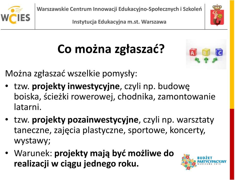 budowę boiska, ścieżki rowerowej, chodnika, zamontowanie latarni. tzw.