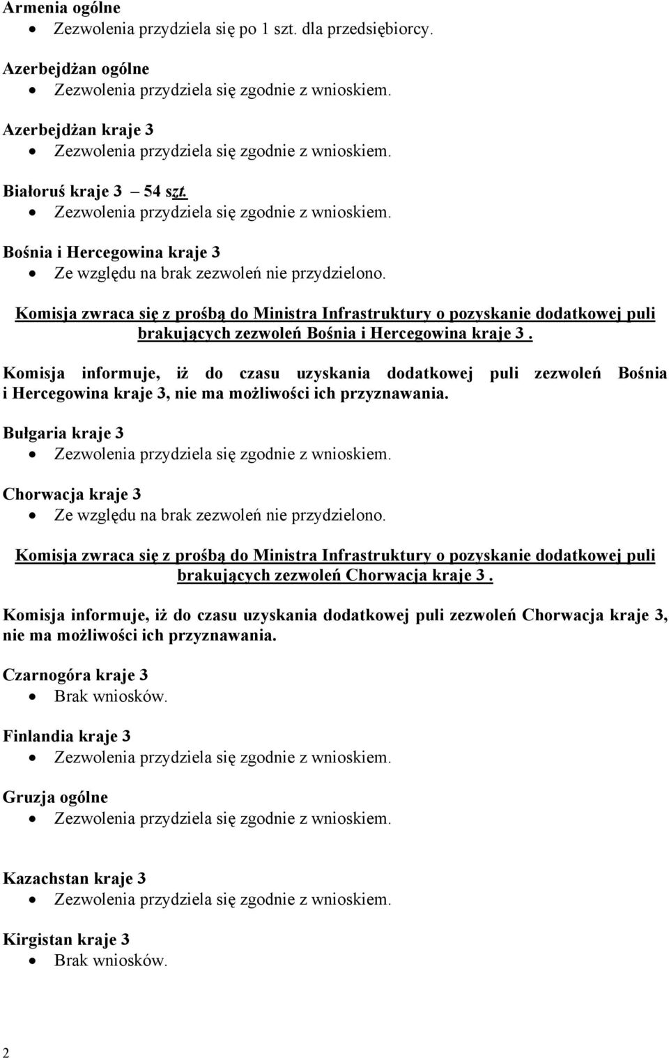 Komisja zwraca się z prośbą do Ministra Infrastruktury o pozyskanie dodatkowej puli brakujących zezwoleń Bośnia i Hercegowina kraje 3.