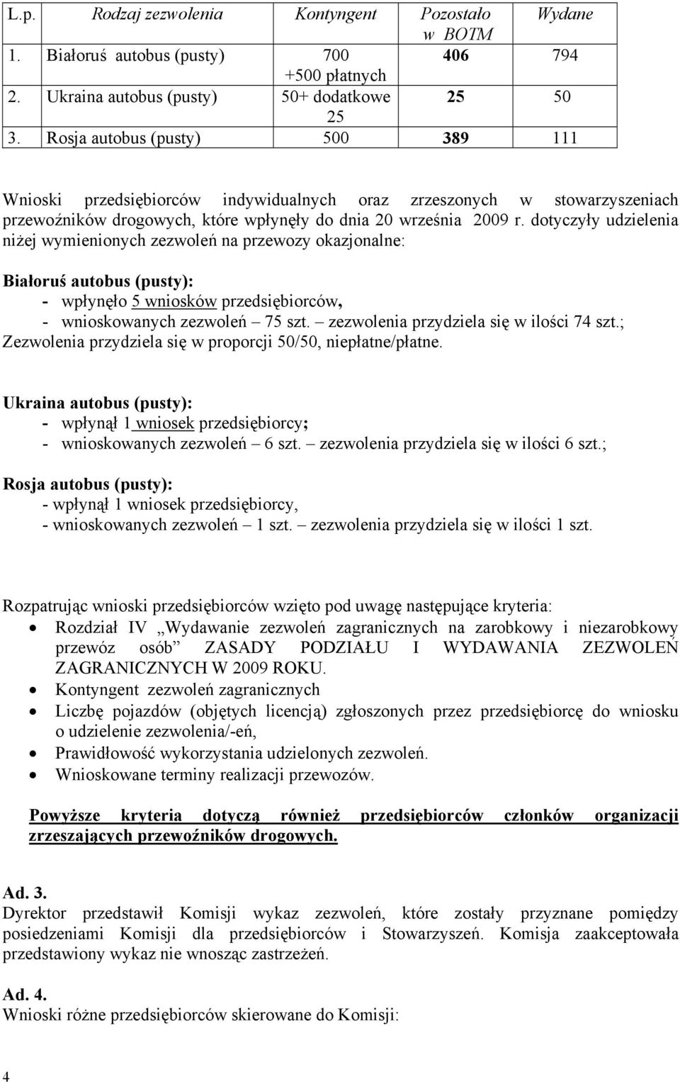 dotyczyły udzielenia niżej wymienionych zezwoleń na przewozy okazjonalne: Białoruś autobus (pusty): - wpłynęło 5 wniosków przedsiębiorców, - wnioskowanych zezwoleń 75 szt.