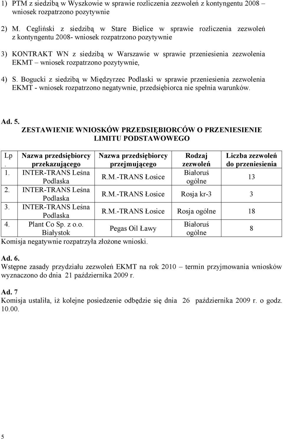 wniosek rozpatrzono pozytywnie, 4) S. Bogucki z siedzibą w Międzyrzec Podlaski w sprawie przeniesienia zezwolenia EKMT - wniosek rozpatrzono negatywnie, przedsiębiorca nie spełnia warunków. Ad. 5.