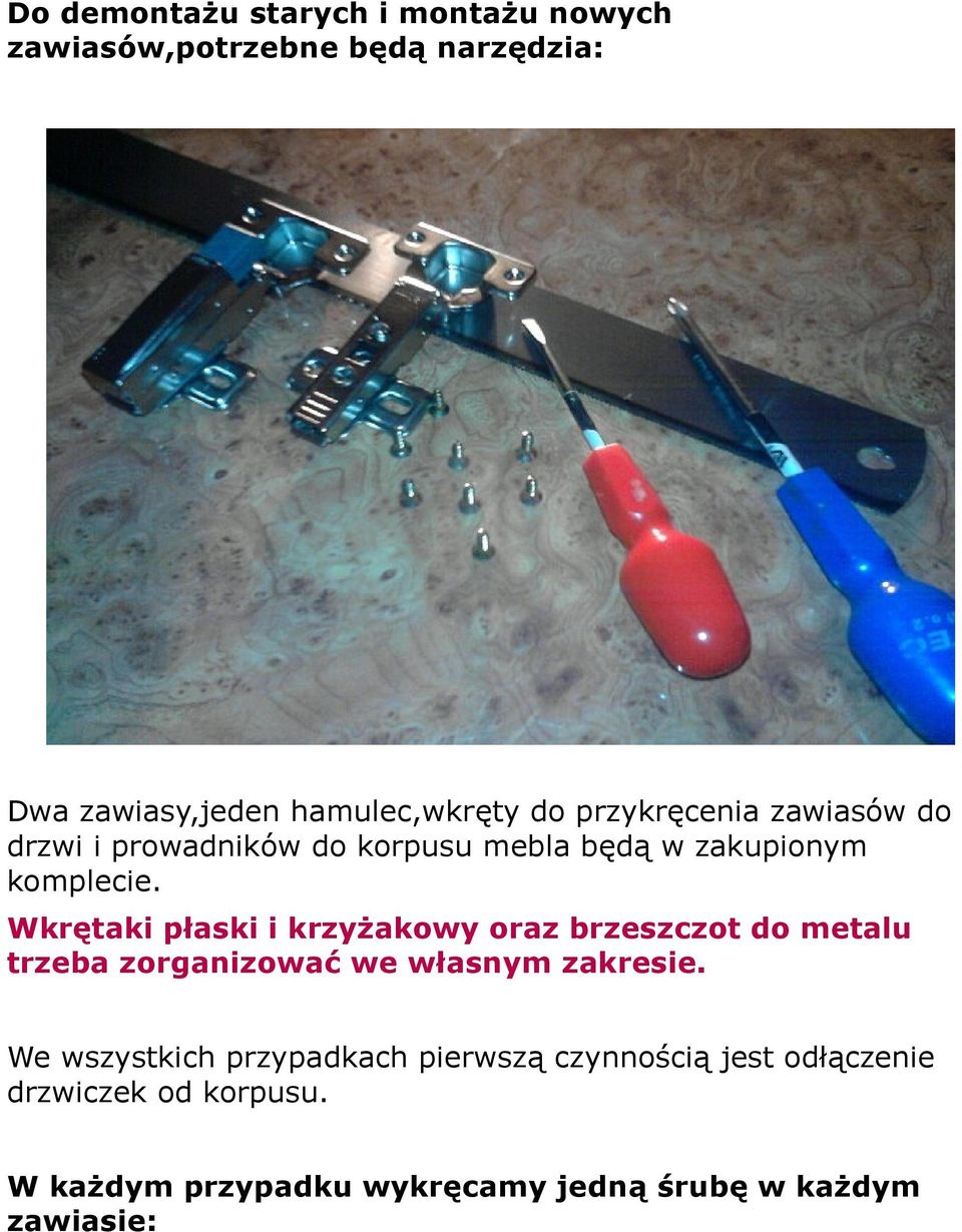 Wkrętaki płaski i krzyżakowy oraz brzeszczot do metalu trzeba zorganizować we własnym zakresie.