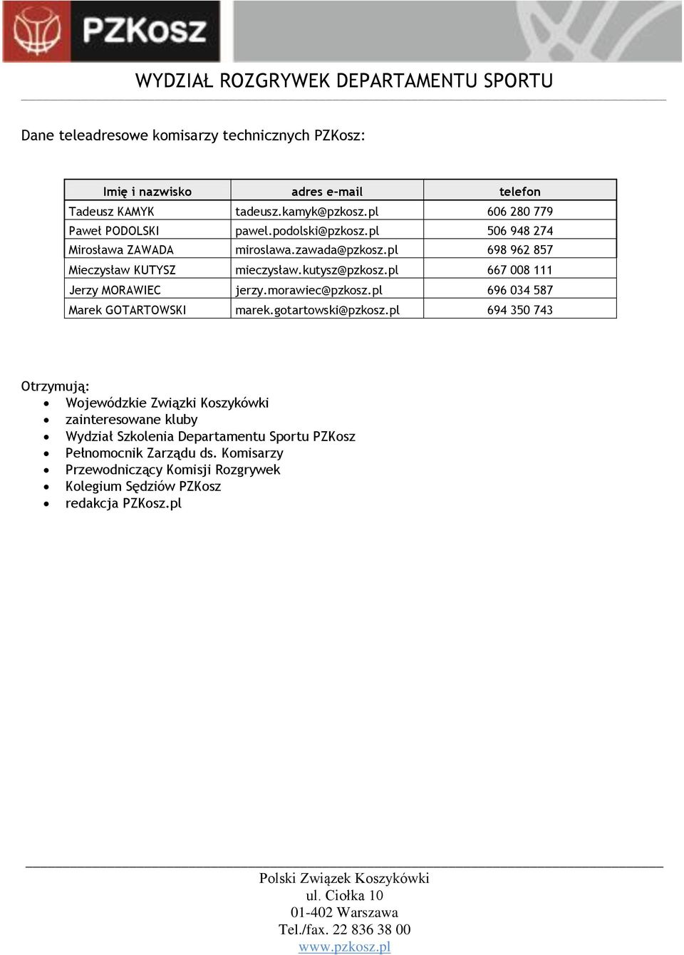 pl 667 008 111 Jerzy MORAWIEC jerzy.morawiec@pzkosz.pl 696 034 587 Marek GOTARTOWSKI marek.gotartowski@pzkosz.