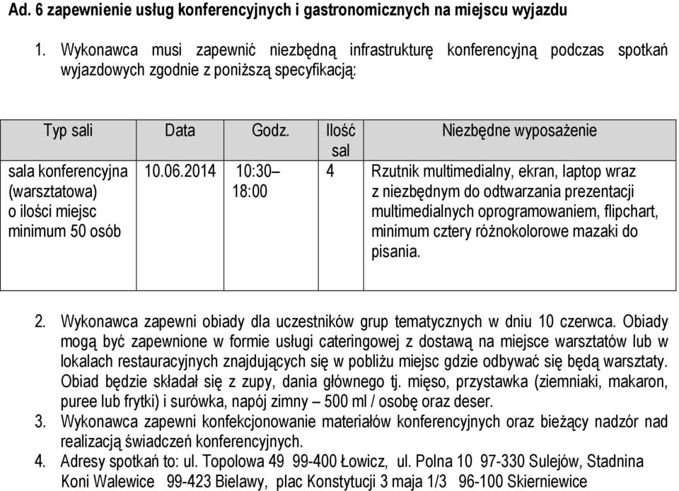 2014 10:30 18:00 sala konferencyjna (warsztatowa) o ilości miejsc minimum 50 osób Niezbędne wyposażenie 4 Rzutnik multimedialny, ekran, laptop wraz z niezbędnym do odtwarzania prezentacji