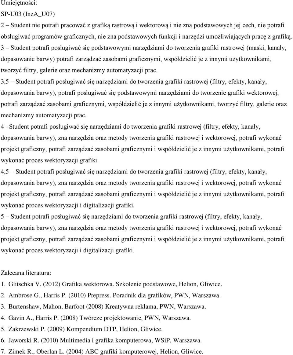 3 Student potrafi posługiwać się podstawowymi narzędziami do tworzenia grafiki rastrowej (maski, kanały, dopasowanie barwy) potrafi zarządzać zasobami graficznymi, współdzielić je z innymi
