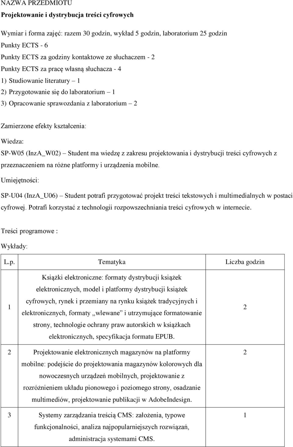 SP-W05 (InzA_W0) Student ma wiedzę z zakresu projektowania i dystrybucji treści cyfrowych z przeznaczeniem na różne platformy i urządzenia mobilne.