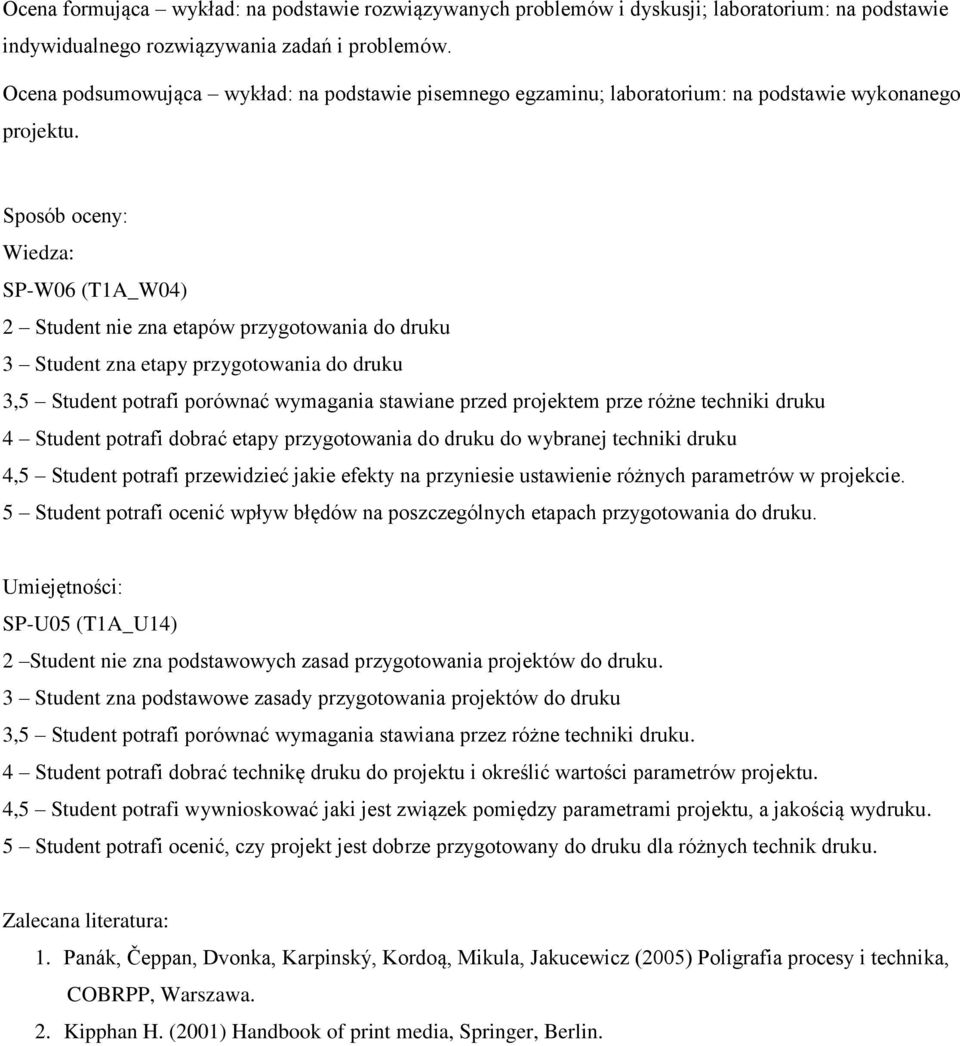 Sposób oceny: SP-W06 (T1A_W04) Student nie zna etapów przygotowania do druku 3 Student zna etapy przygotowania do druku 3,5 Student potrafi porównać wymagania stawiane przed projektem prze różne
