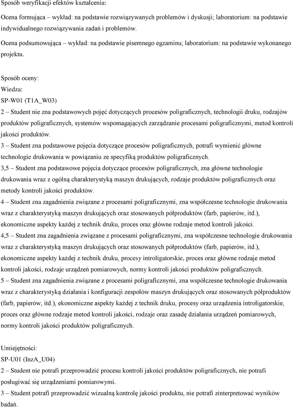 Sposób oceny: SP-W01 (T1A_W03) Student nie zna podstawowych pojęć dotyczących procesów poligraficznych, technologii druku, rodzajów produktów poligraficznych, systemów wspomagających zarządzanie