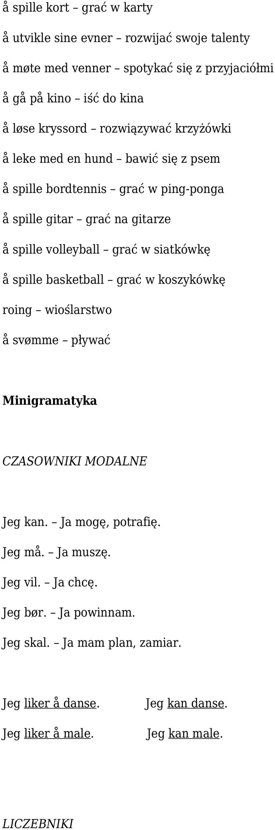 volleyball grać w siatkówkę å spille basketball grać w koszykówkę roing wioślarstwo å svømme pływać Minigramatyka CZASOWNIKI MODALNE Jeg kan.