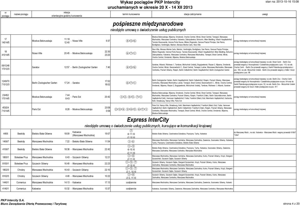 Genova Piazza Principe, San Remo, Bordighera, Ventimiglia, Menton, Monaco-Monte-Carlo, Nice Ville pociąg niedostępny w komunikacji krajowej 18 41014/5 Nicea Ville 20:45 - Moskva Belorusskaja 22:30