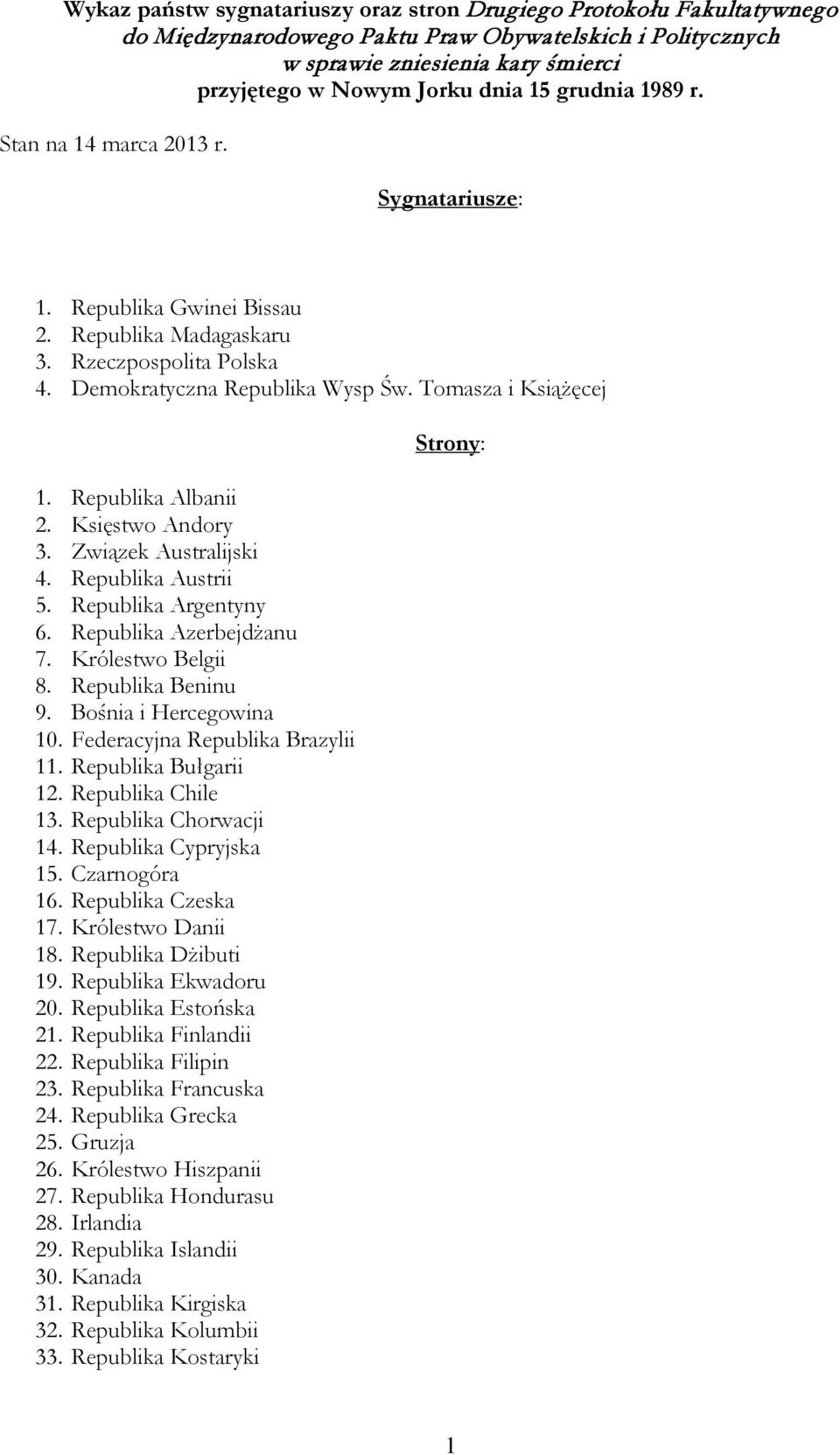 Republika Albanii 2. Księstwo Andory 3. Związek Australijski 4. Republika Austrii 5. Republika Argentyny 6. Republika Azerbejdżanu 7. Królestwo Belgii 8. Republika Beninu 9. Bośnia i Hercegowina 10.