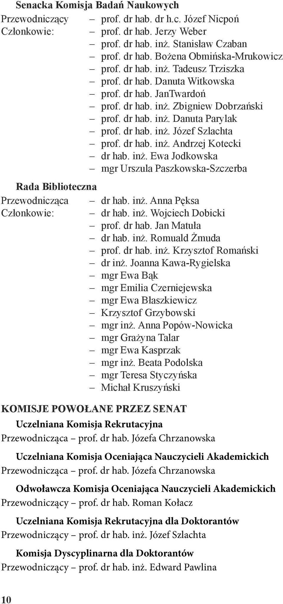 dr hab. inż. Andrzej Kotecki dr hab. inż. Ewa Jodkowska mgr Urszula Paszkowska-Szczerba Rada Biblioteczna Przewodnicząca dr hab. inż. Anna Pęksa Członkowie: dr hab. inż. Wojciech Dobicki prof. dr hab. Jan Matuła dr hab.