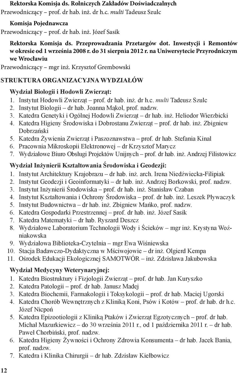 Krzysztof Grembowski STRUKTURA ORGANIZACYJNA WYDZIAŁÓW Wydział Biologii i Hodowli Zwierząt: 1. Instytut Hodowli Zwierząt prof. dr hab. inż. dr h.c. multi Tadeusz Szulc 2. Instytut Biologii dr hab.